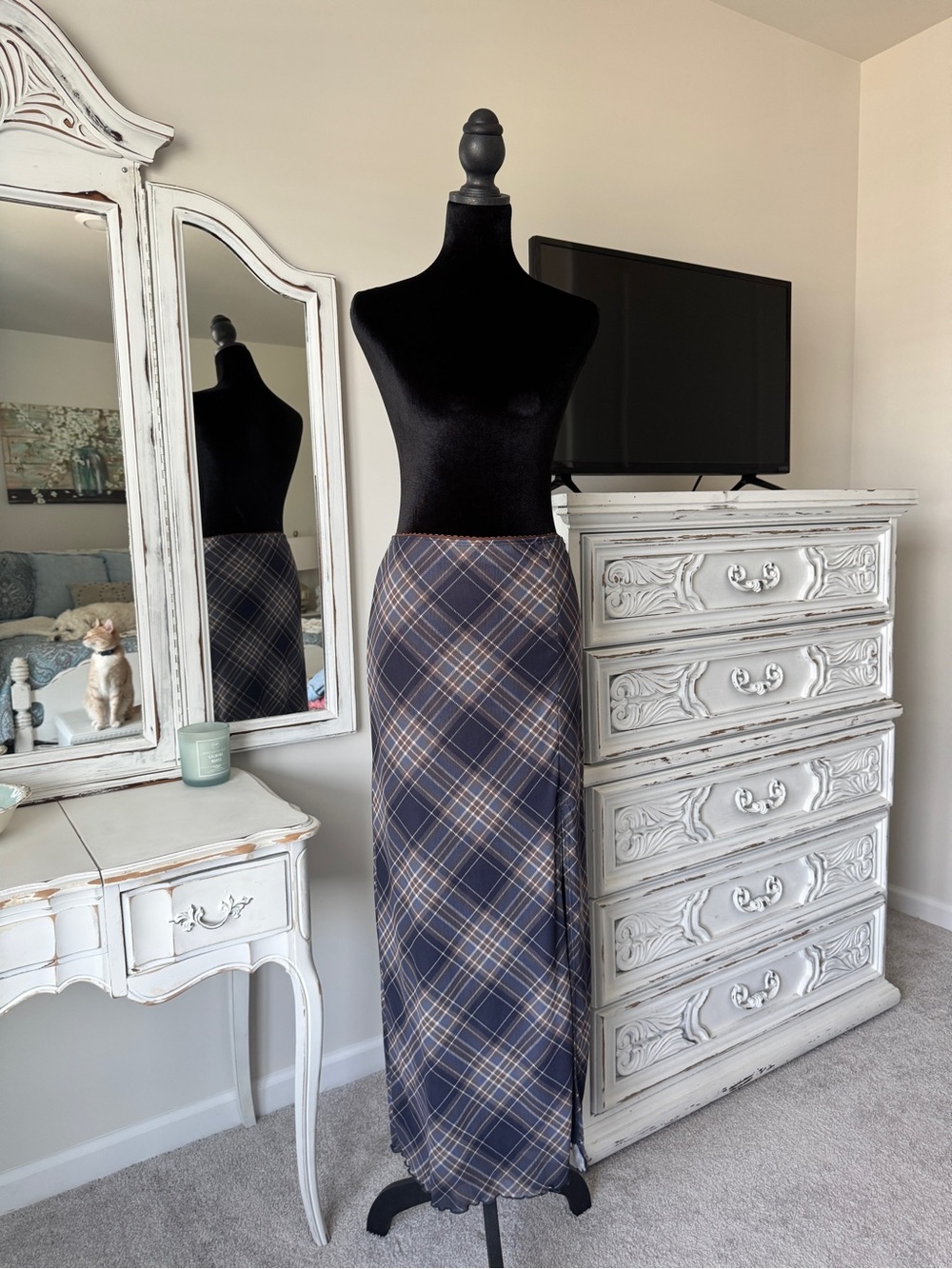 Plaid Maxi Skirt in Navy and Taupe — Classic Straight Silhouette